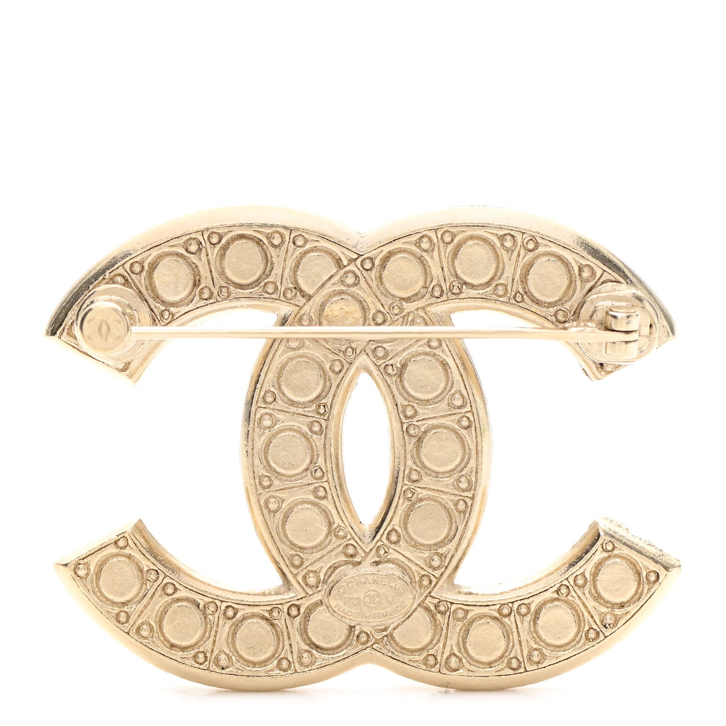 Metal Crystal Graduated Pearl CC Brooch Gold