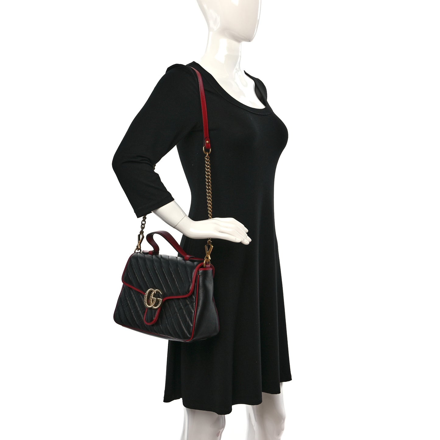 Vintage Effect Calfskin Matelasse Diagonal Small Torchon GG Marmont Top Handle Shoulder Bag Black Romantic Cherry