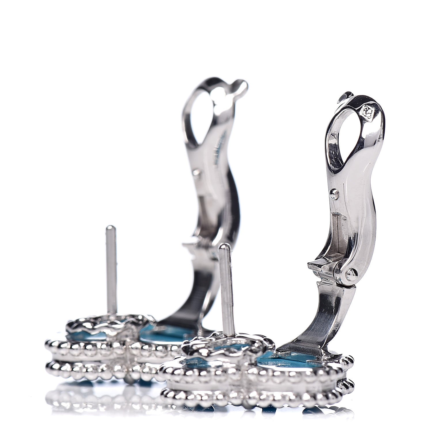 Van Cleef & Arpels 18K White Gold Turquoise Vintage Alhambra Earrings 3 of 5