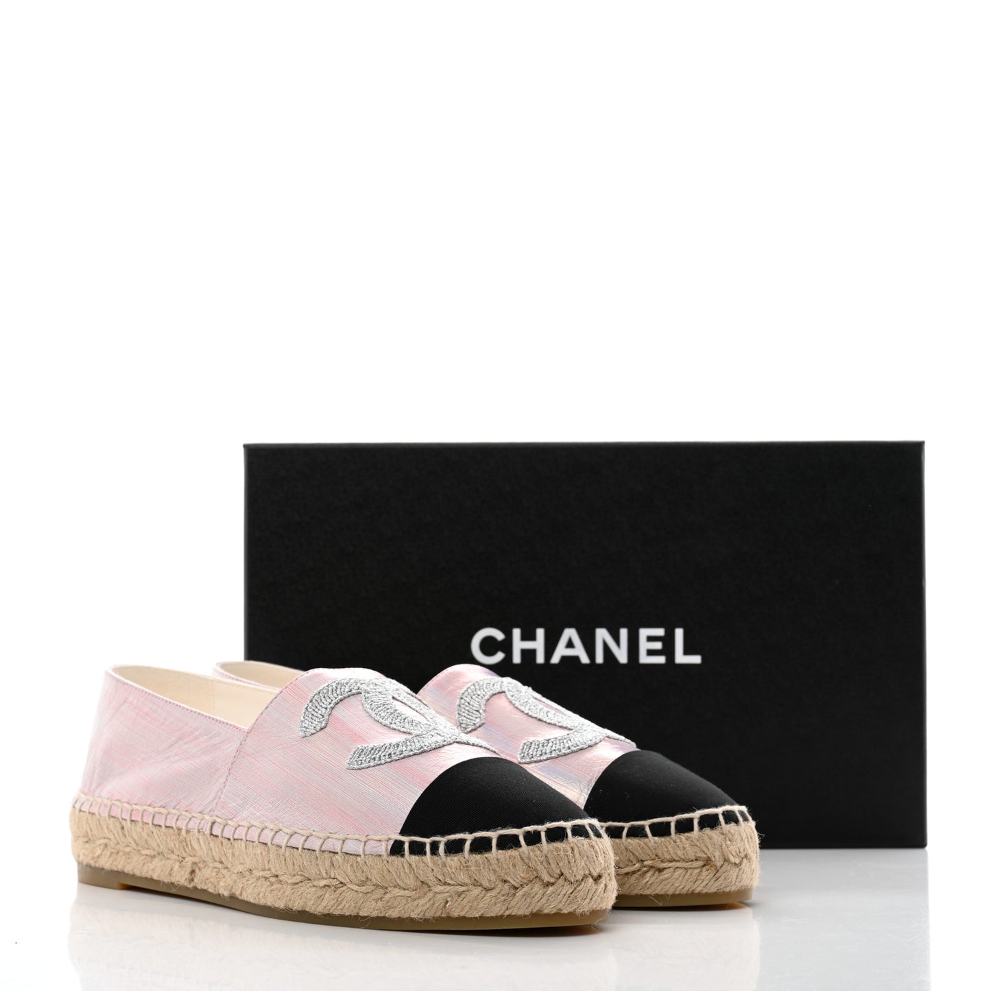 Laminated Lambskin Grosgrain Embroidered CC Espadrilles 39 Pink Silver Black