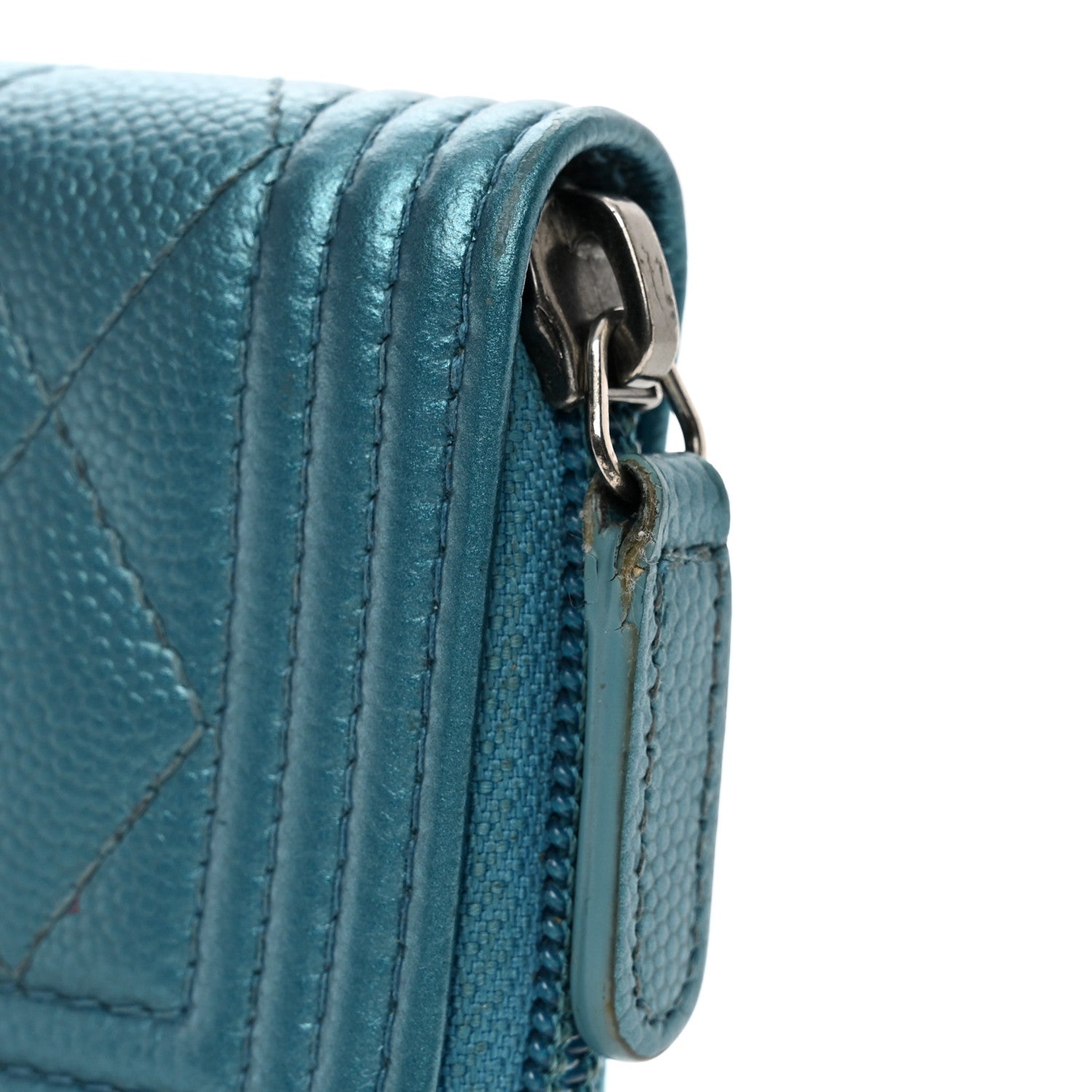 Chanel Metallic Caviar Quilted Boy Zip Around Coin Purse Wallet Turquoise 8 of 9