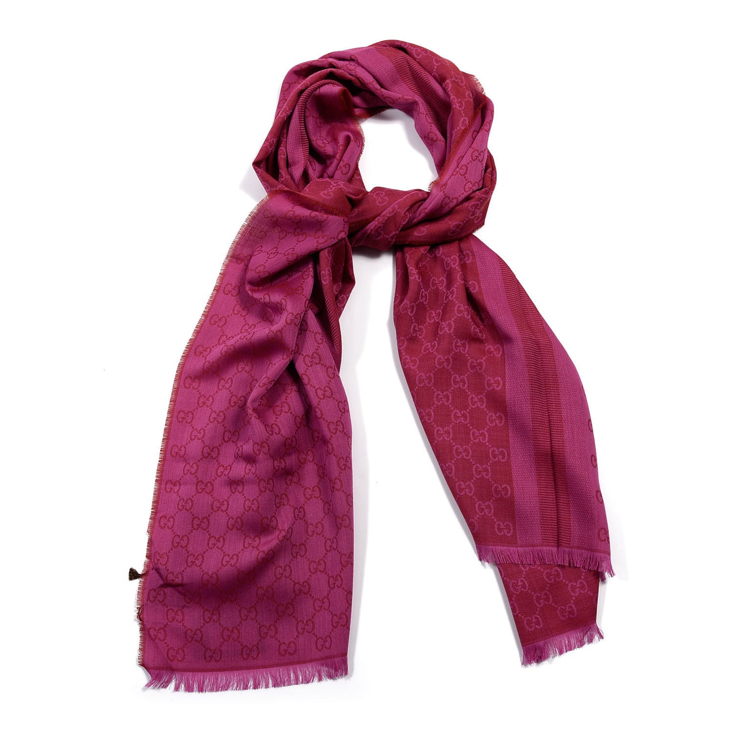 Wool Silk GG Monogram GGWeblong Fringe Scarf Shawl Red Pink