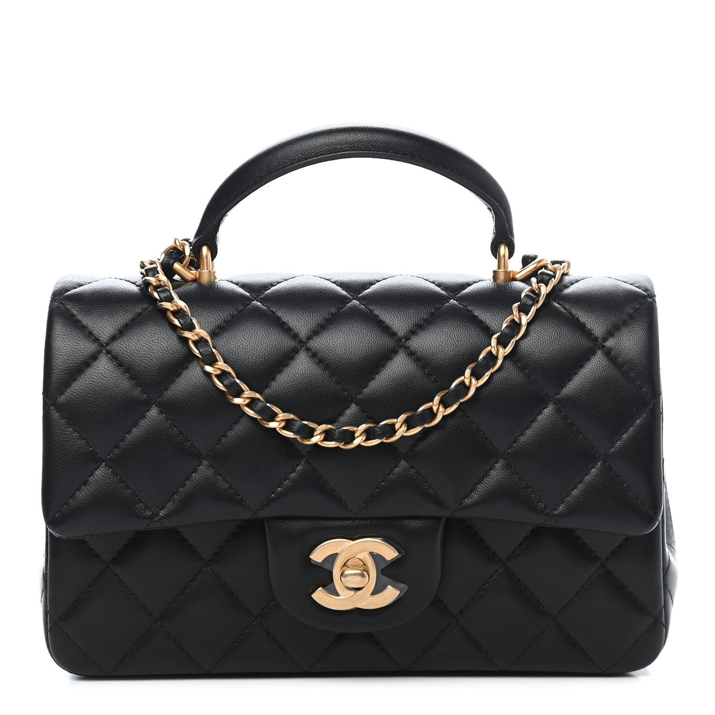Lambskin Quilted Mini Top Handle Rectangular Flap Black