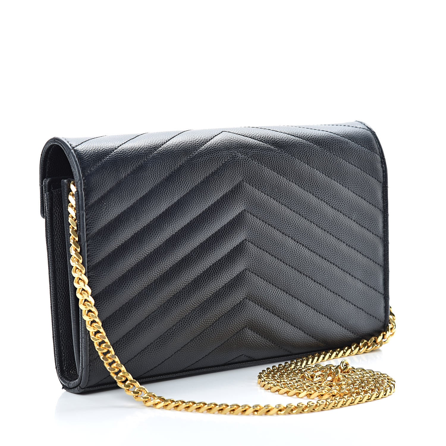 Saint Laurent Grain De Poudre Matelasse Chevron Monogram Chain Wallet Black 3 of 12
