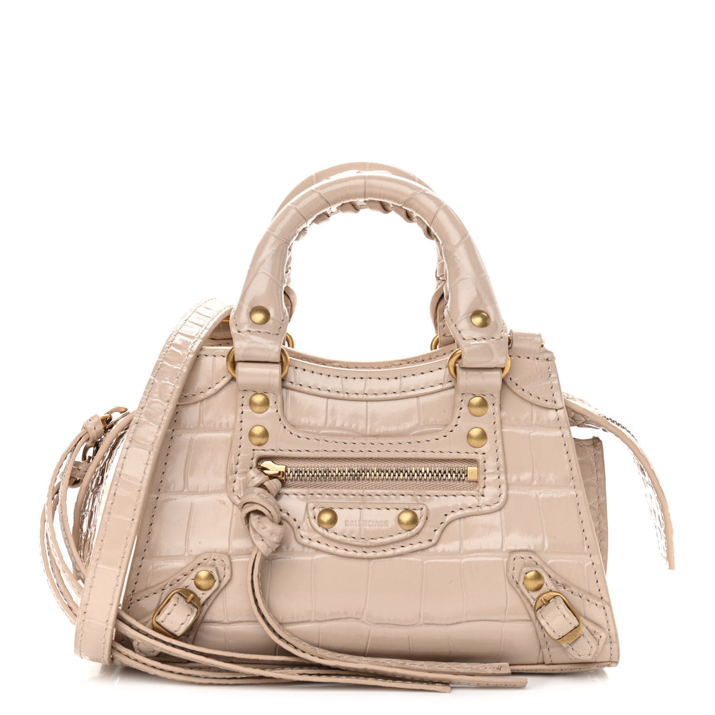 Shiny Supple Calfskin Crocodile Embossed Neo Classic Gold Hardware Nano City Crossbody Light Beige