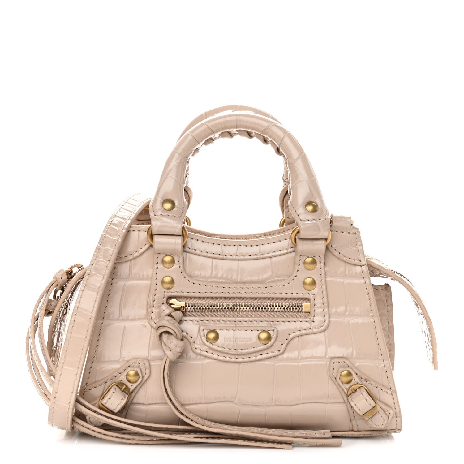 Balenciaga Shiny Supple Calfskin Crocodile Embossed Neo Classic Gold Hardware Nano City Crossbody Light Beige 1 of 9