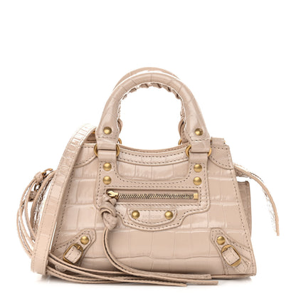 Balenciaga Shiny Supple Calfskin Crocodile Embossed Neo Classic Gold Hardware Nano City Crossbody Light Beige 1 of 9