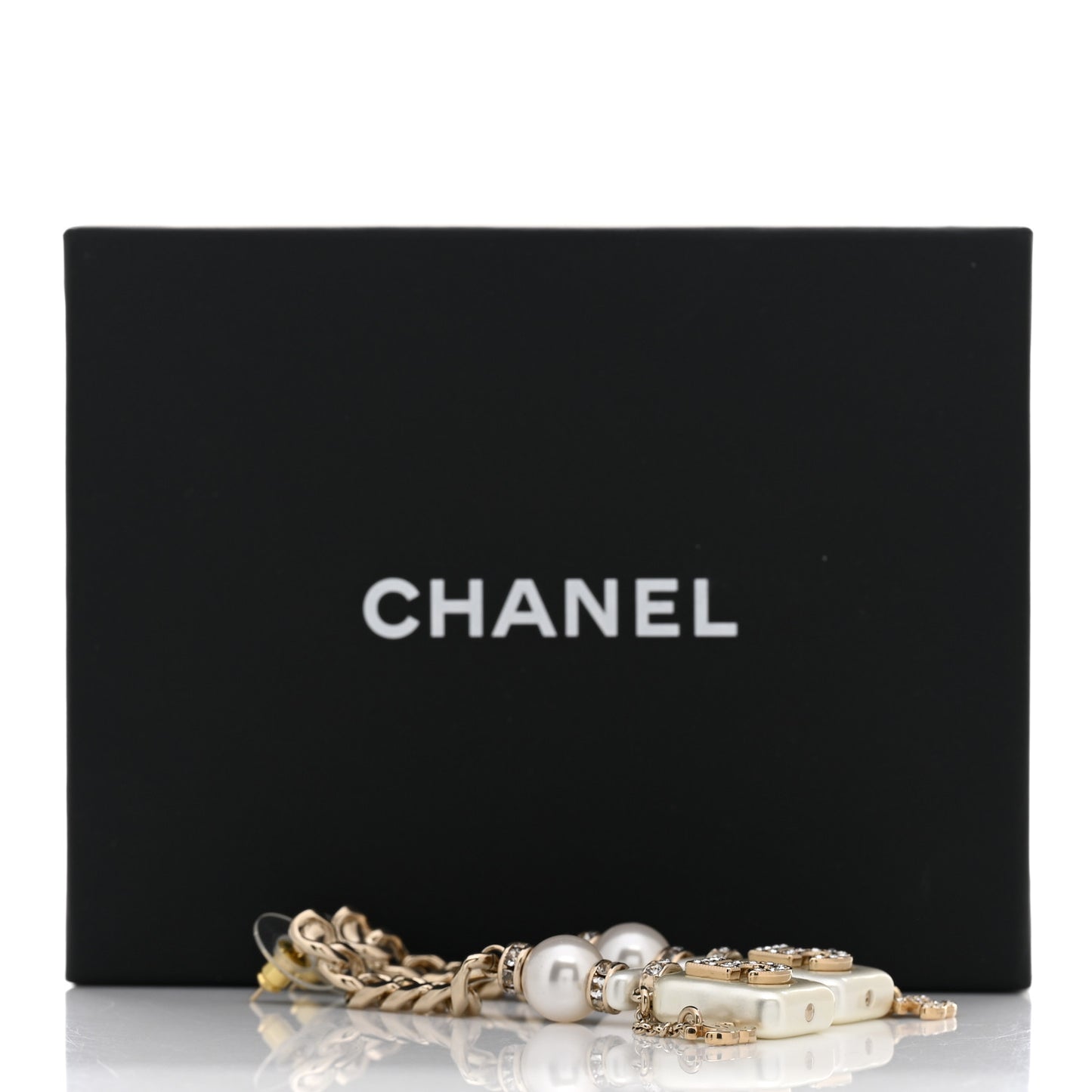 Pearl Resin Crystal CC No 5 Perfume Bottle Chain Drop Earrings Gold Pearly White