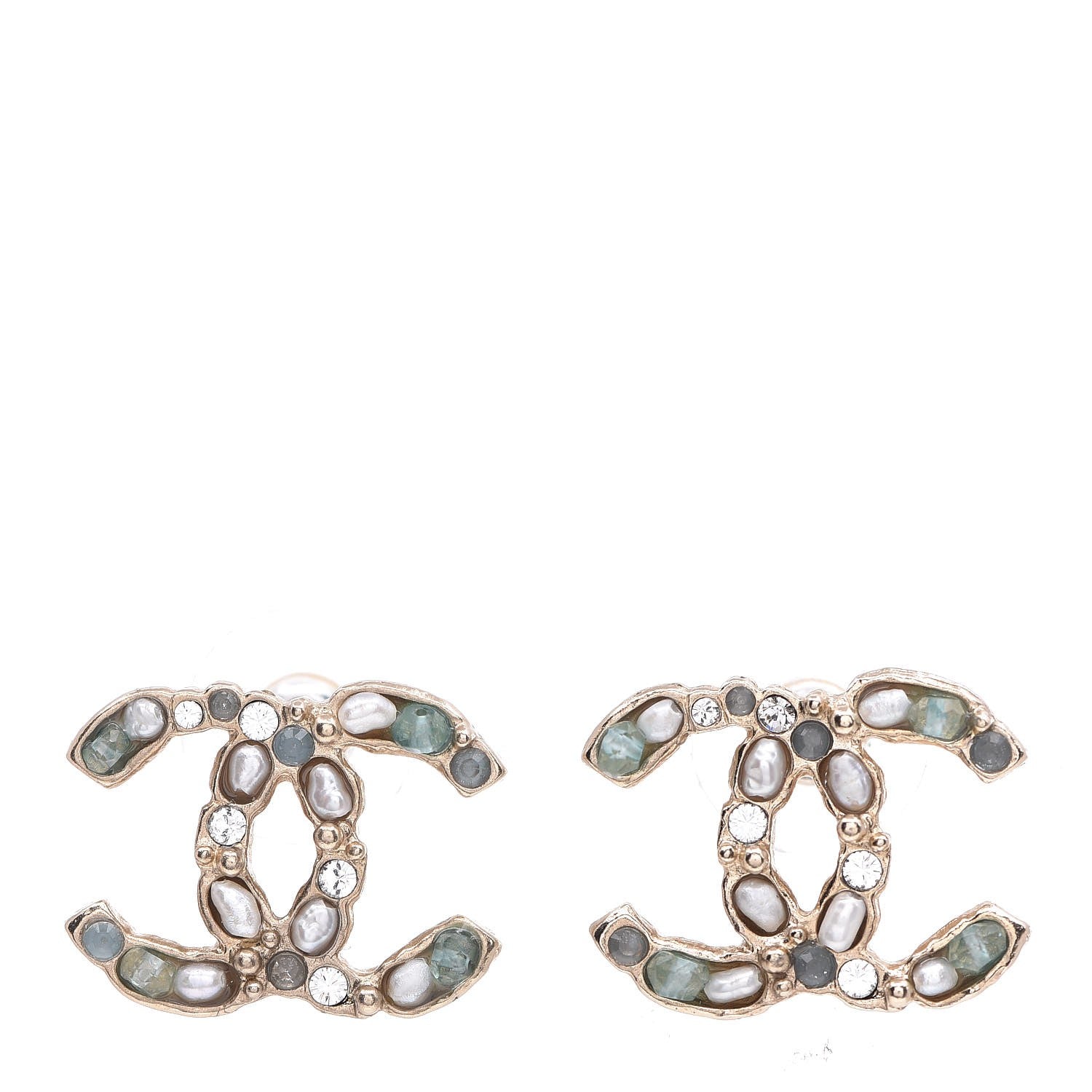 Chanel Crystal Pearl CC Earrings Light Gold Blue 1 of 5