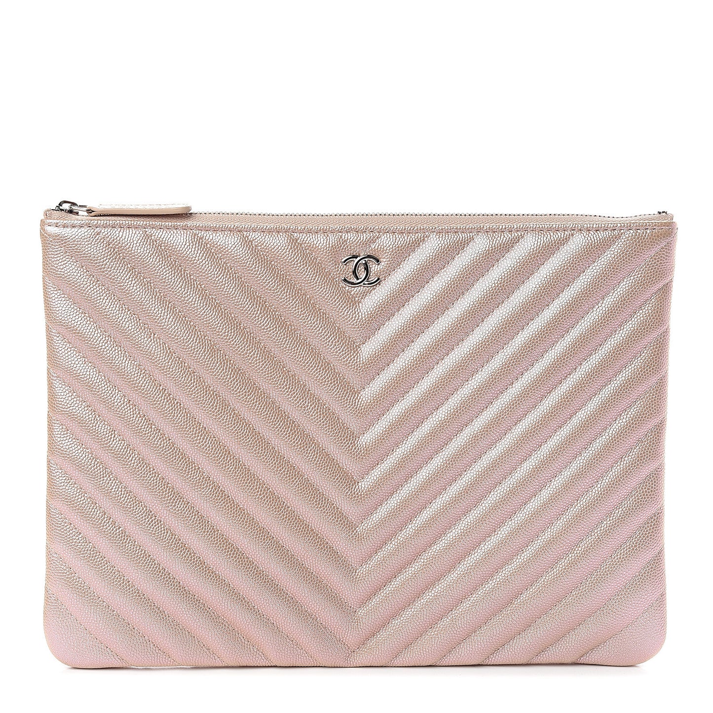 Iridescent Caviar Chevron Quilted Medium Cosmetic Case Light Gold