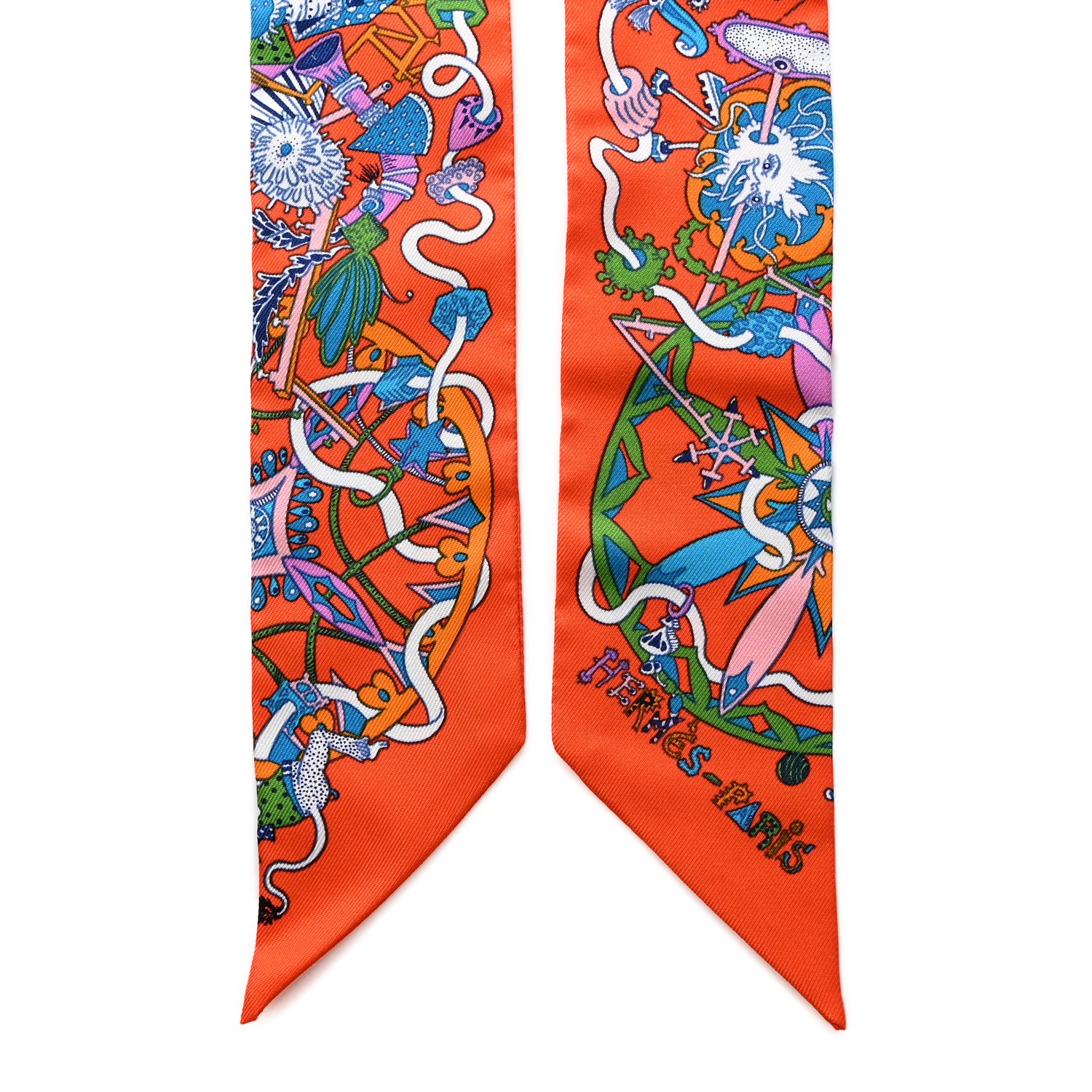 Hermes Silk La Folle Parade Twilly Orange Bleu White 2 of 5