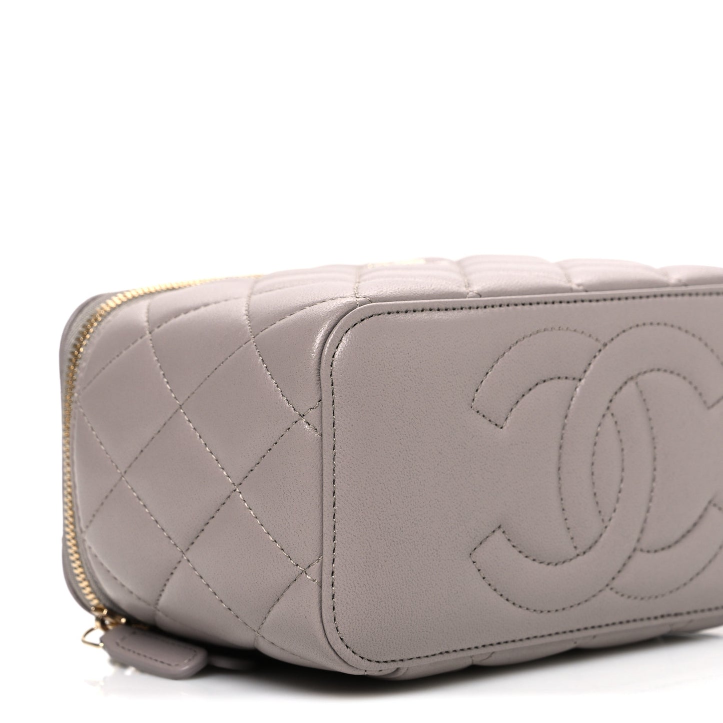 Lambskin Quilted Small Top Handle Vanity Case With Chain Dark Grey