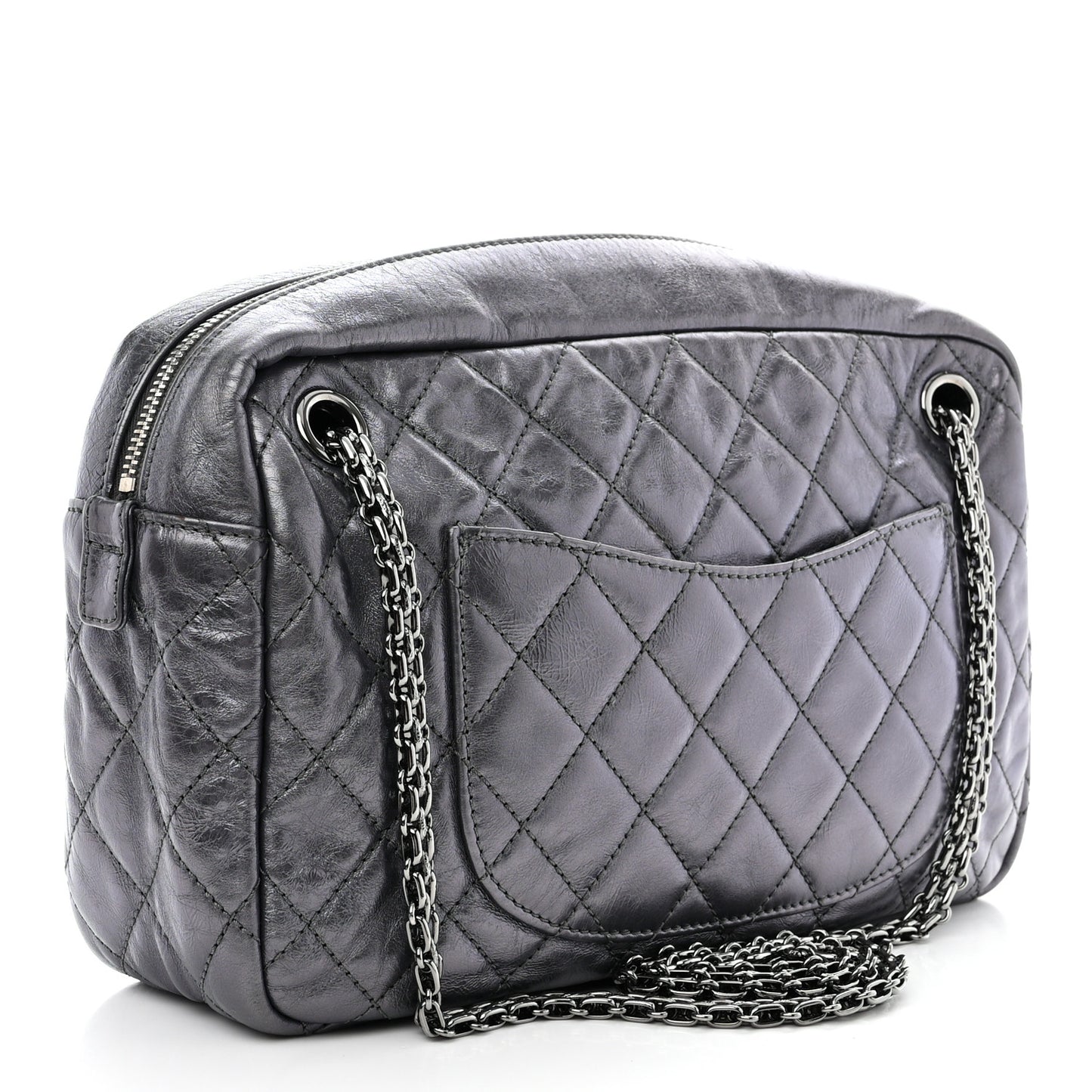 Metallic Aged Calfskin Quilted Medium Reissue Camera Case Dark Silver
