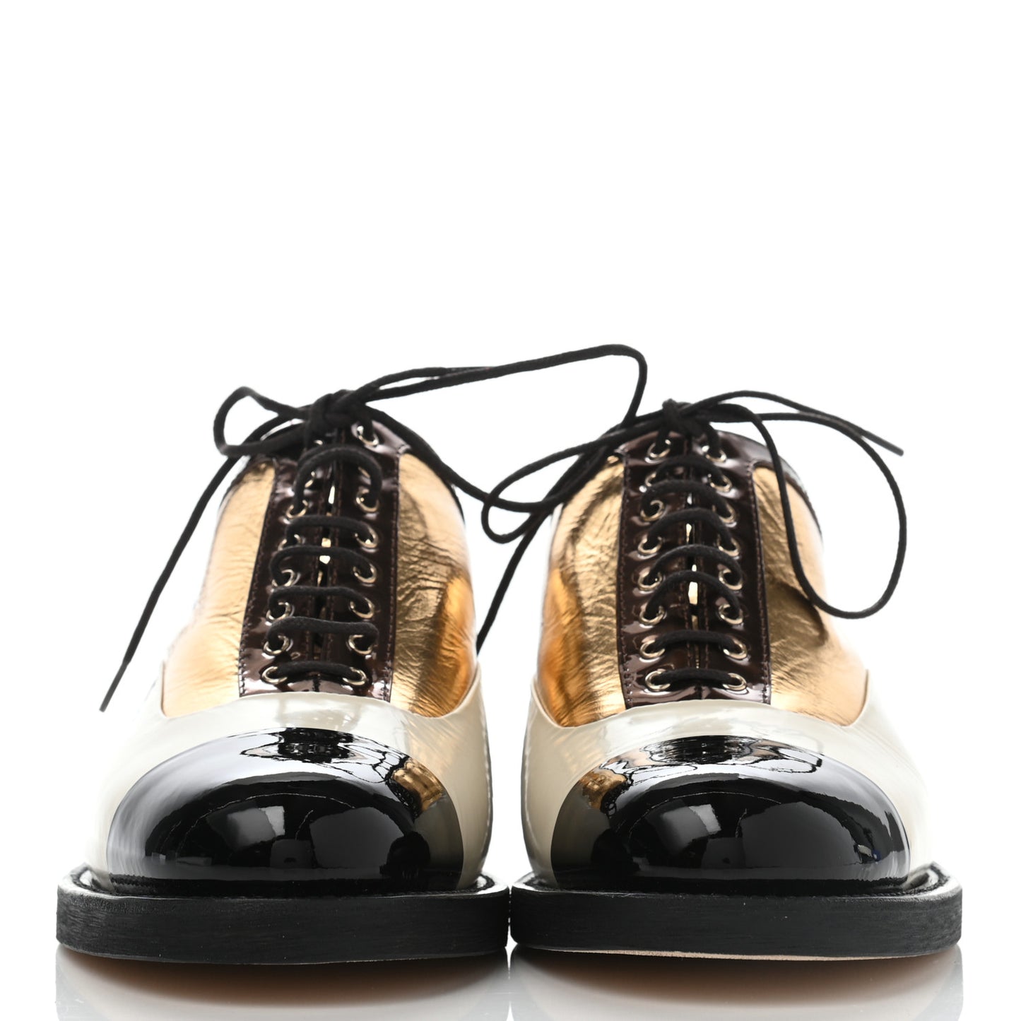 Crumpled Lambskin Patent CC Lace Up Oxfords 39.5 White Gold Black
