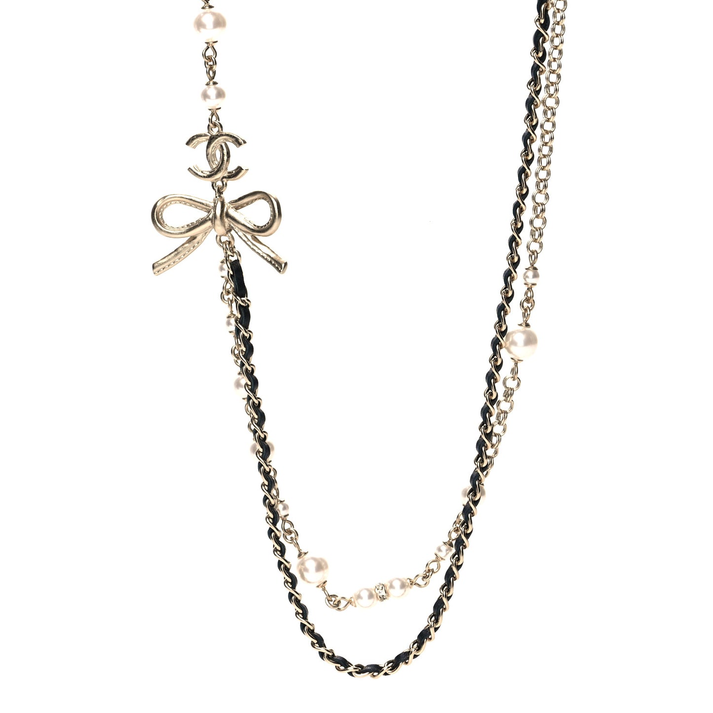 Calfskin Pearl Metal CC Bow Necklace Gold White Black