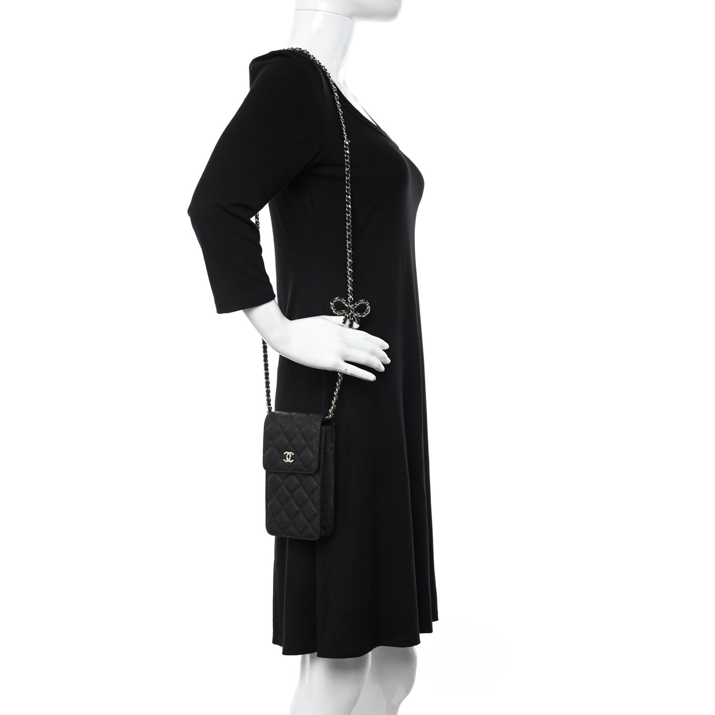 Caviar Quilted Bow Phone Holder Black