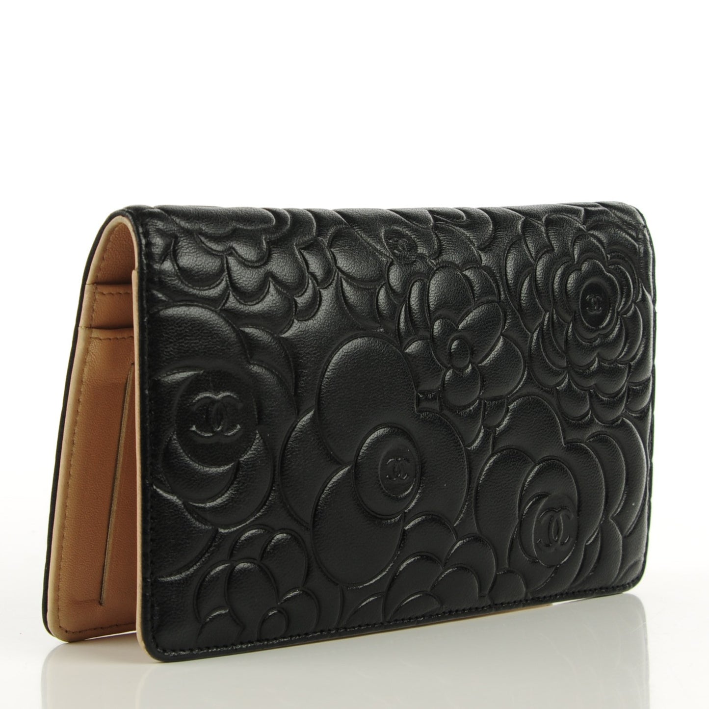 Lambskin Camellia Embossed Yen Wallet Black