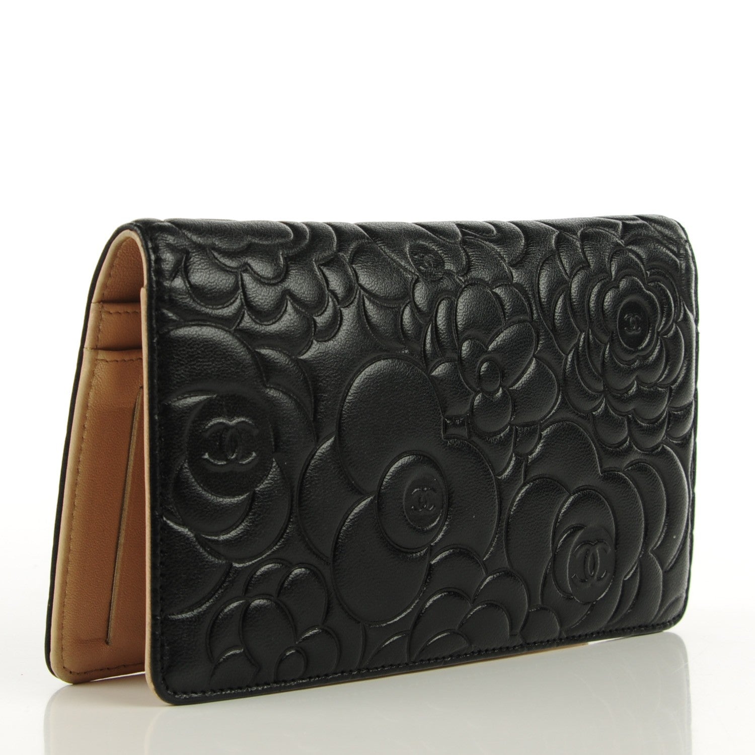 Chanel Lambskin Camellia Embossed Yen Wallet Black 3 of 8