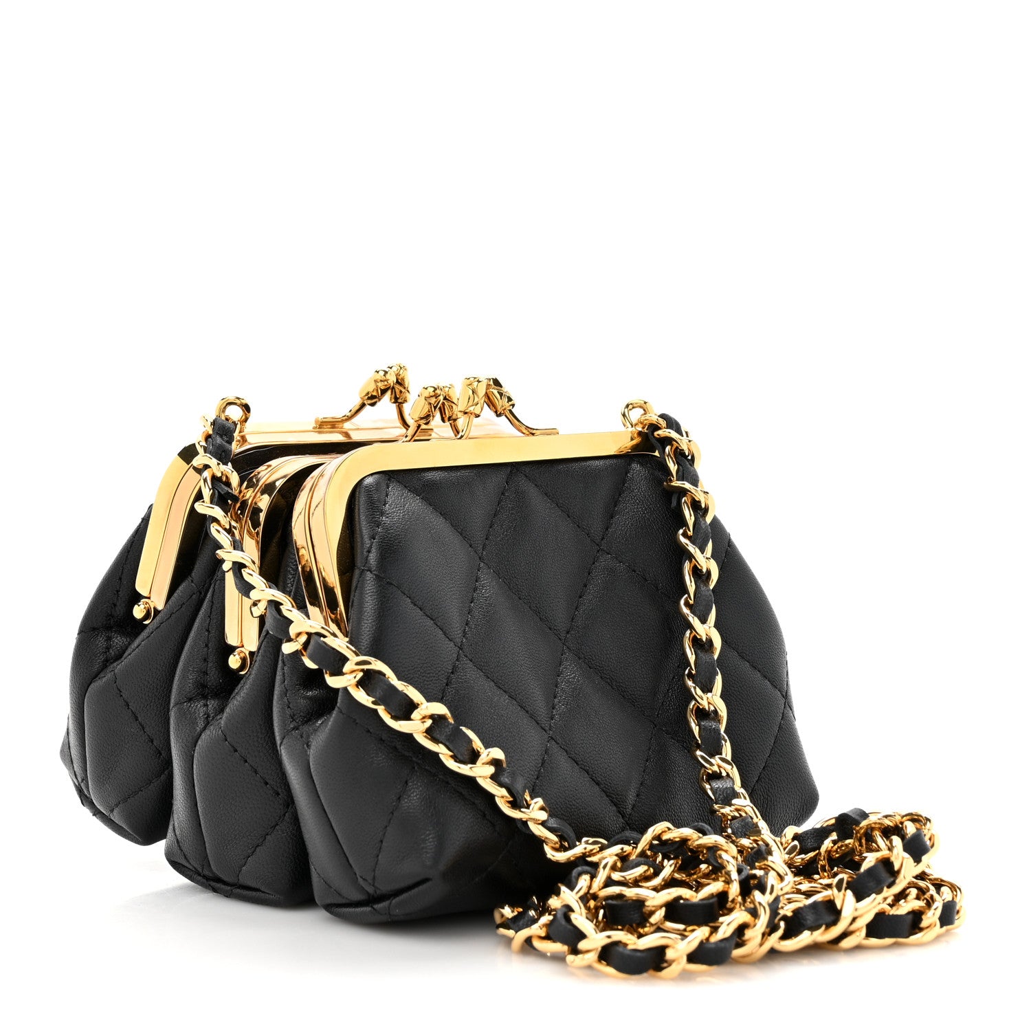 Chanel Lambskin Quilted Trio Kiss Lock Clutch With Chain Black 3 of 13