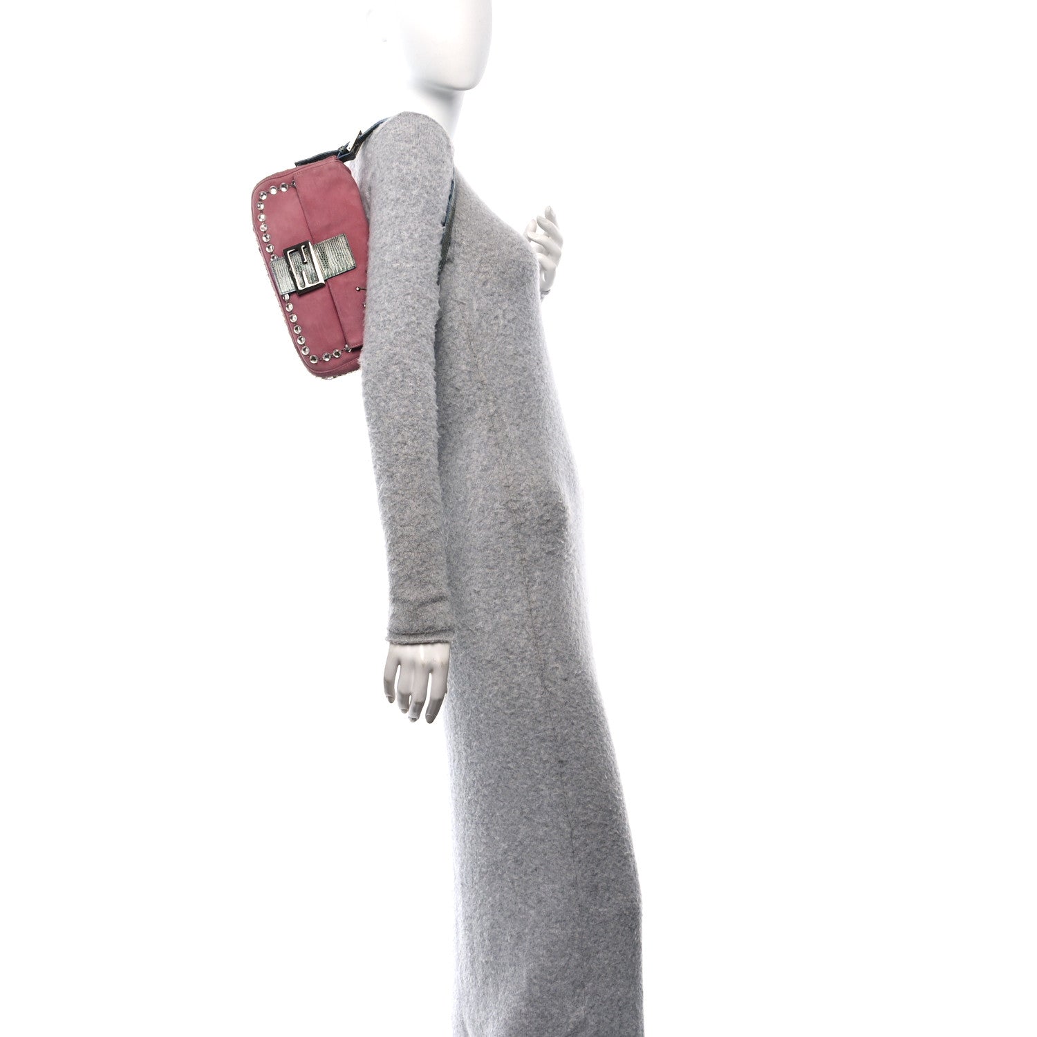 Fendi Velvet Snakeskin Beaded Crystal Baguette Pink 2 of 11