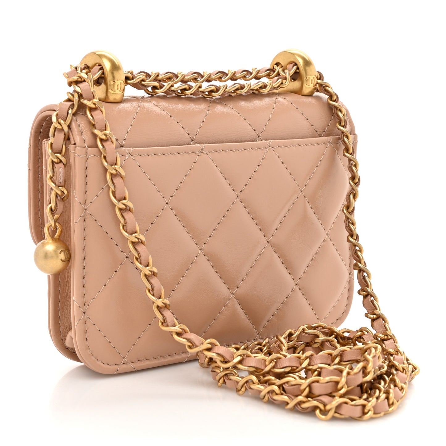 Calfskin Quilted Perfect Fit Coin Purse With Chain Beige
