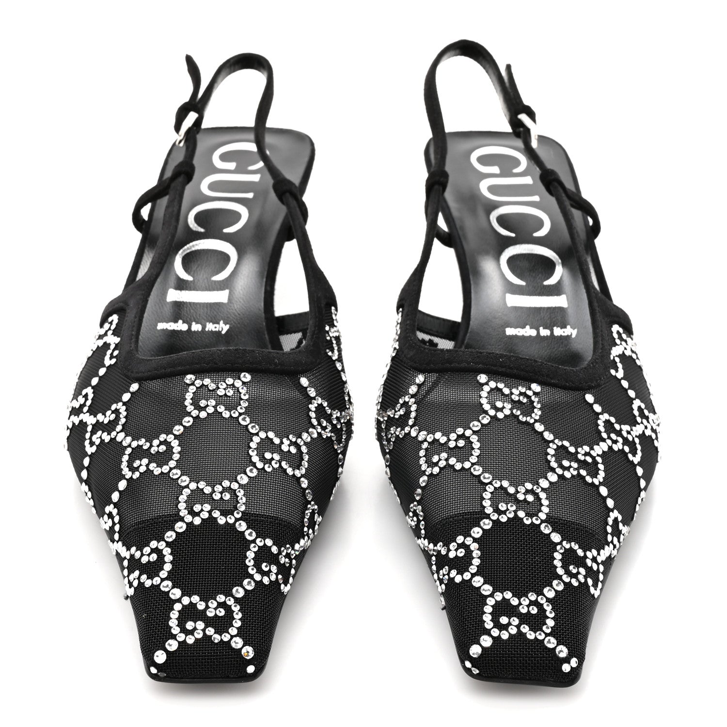 Gucci Tela Retino Kid Scamosciato Crystal GG Monogram Square G 35mm Slingback Pumps 38.5 Black 3 of 9