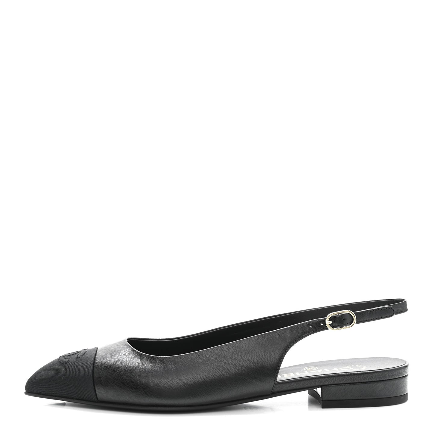 Goatskin Grosgrain Pointed Toe CC Slingback Flats 37 Black