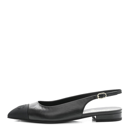 Chanel Goatskin Grosgrain Pointed Toe CC Slingback Flats 37 Black 1 of 11