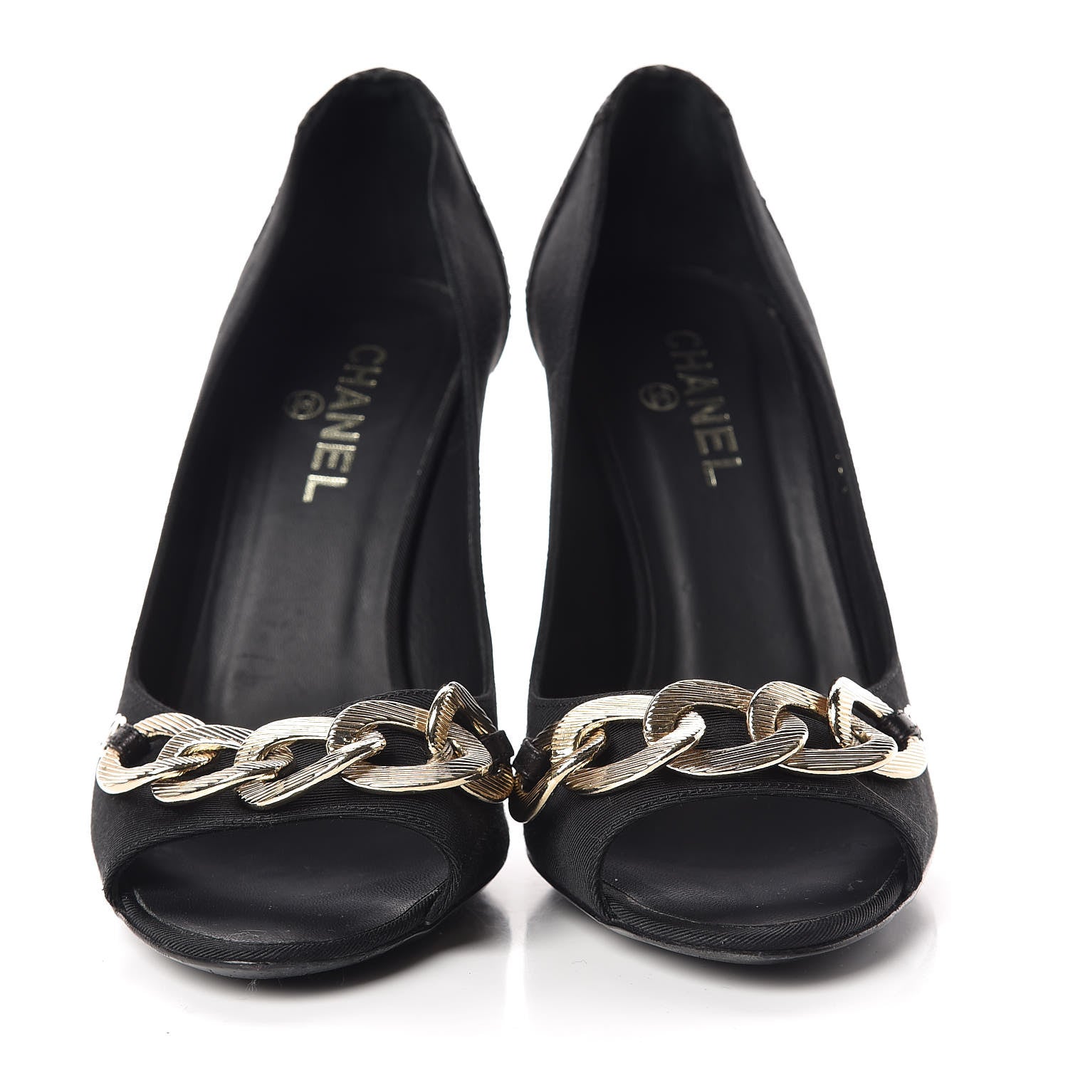 Chanel Nylon Lambskin Quilted Chain Peep Toe Pumps 37.5 Black 2 of 13