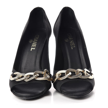 Chanel Nylon Lambskin Quilted Chain Peep Toe Pumps 37.5 Black 2 of 13