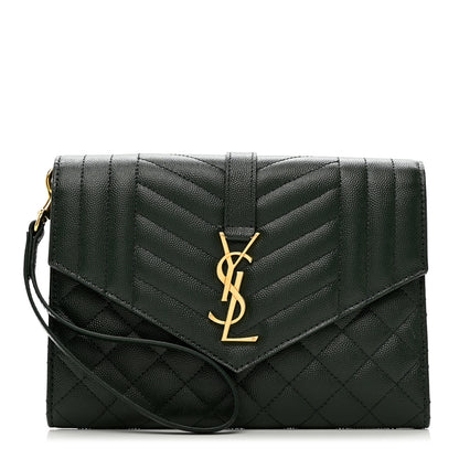 Saint Laurent Grain De Poudre Textured Mixed Matelasse Triquilt Monogram Clutch Vert Fonce 1 of 7