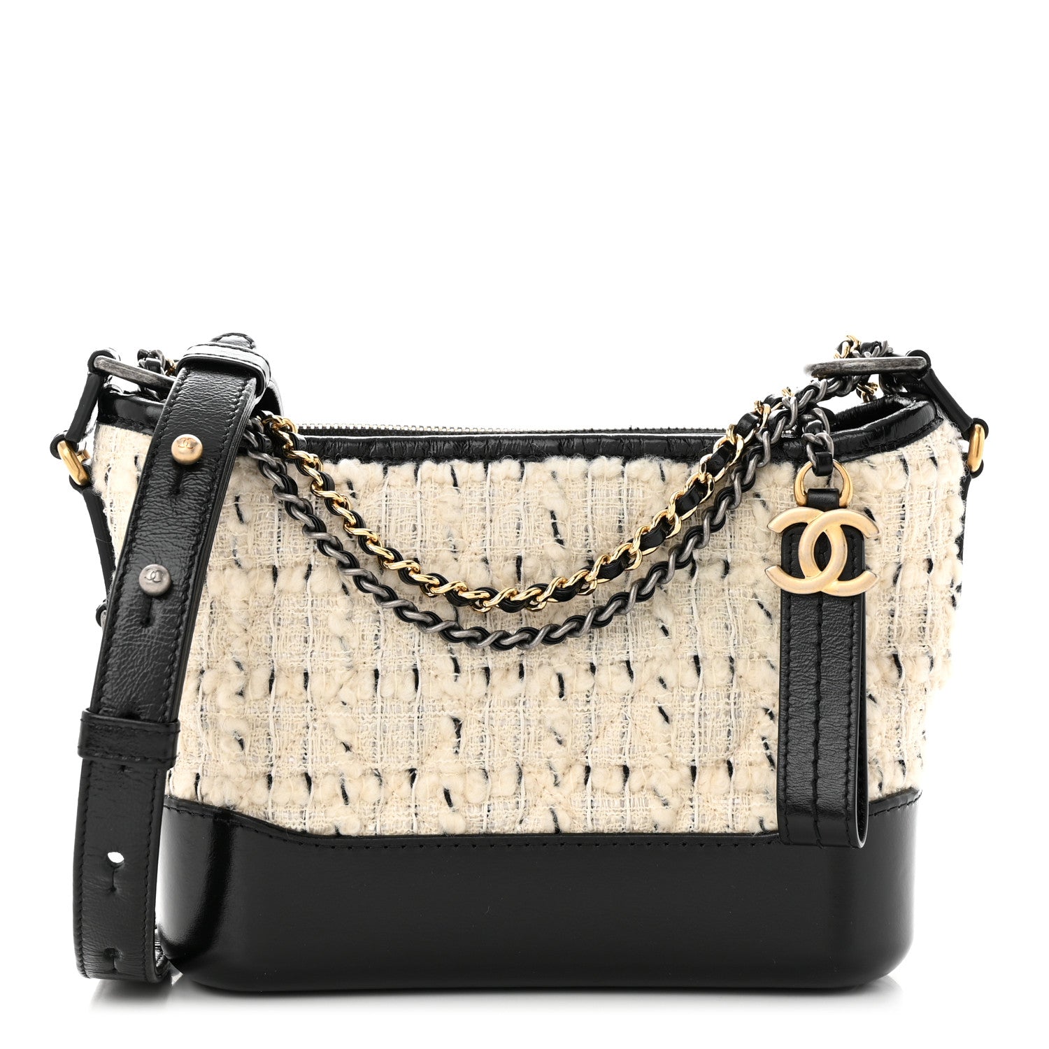Chanel Tweed Calfskin Quilted Small Gabrielle Hobo Ivory Black 1 of 10