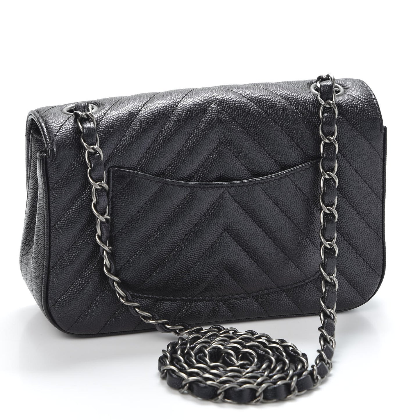 Iridescent Caviar Chevron Quilted Mini Rectangular Flap Black