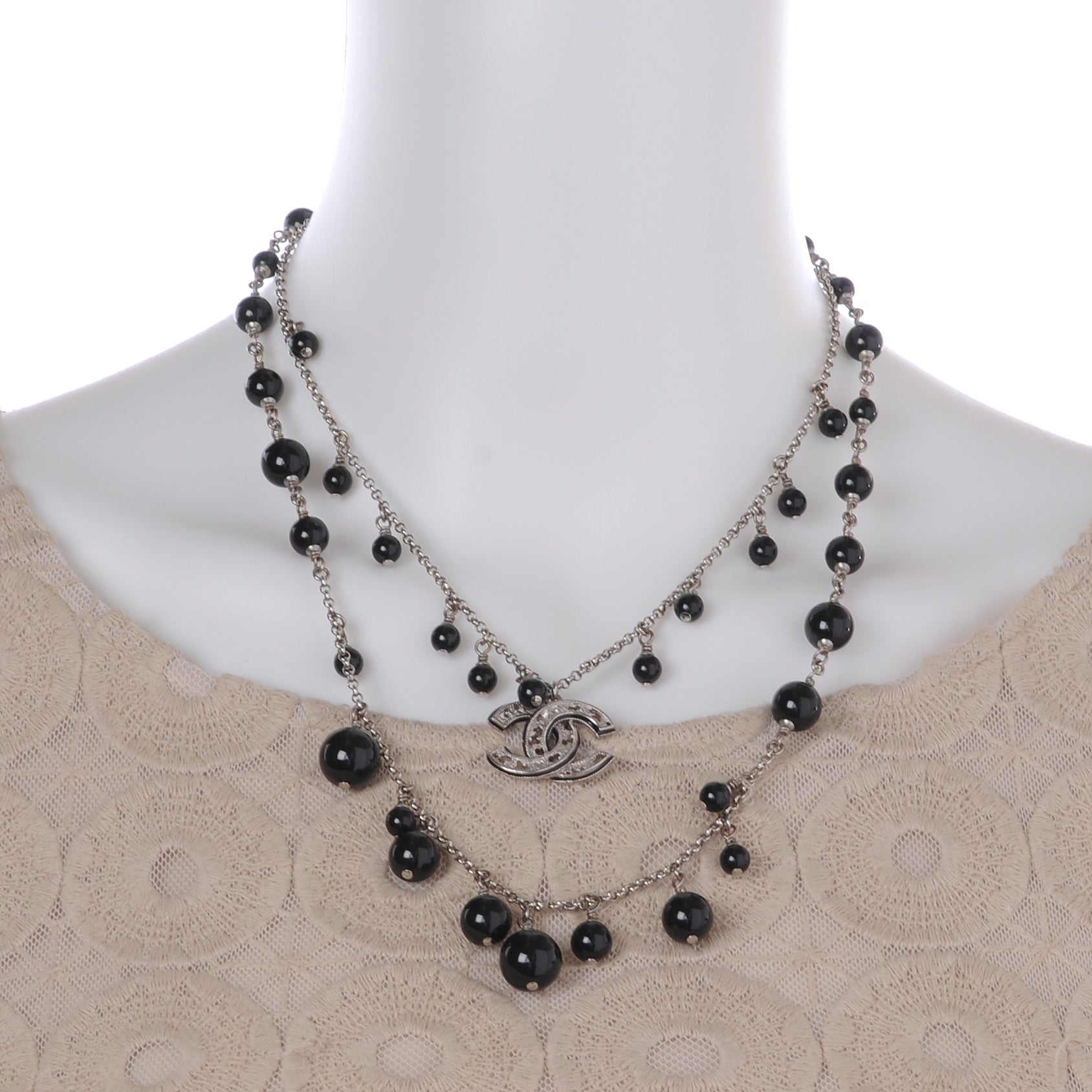 Chanel Short Beaded Double Strand CC Necklace Black 10A 2 of 5