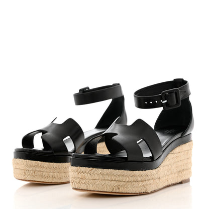 Hermes Goatskin Elda Espadrille Wedge Sandals 37 Black 3 of 11