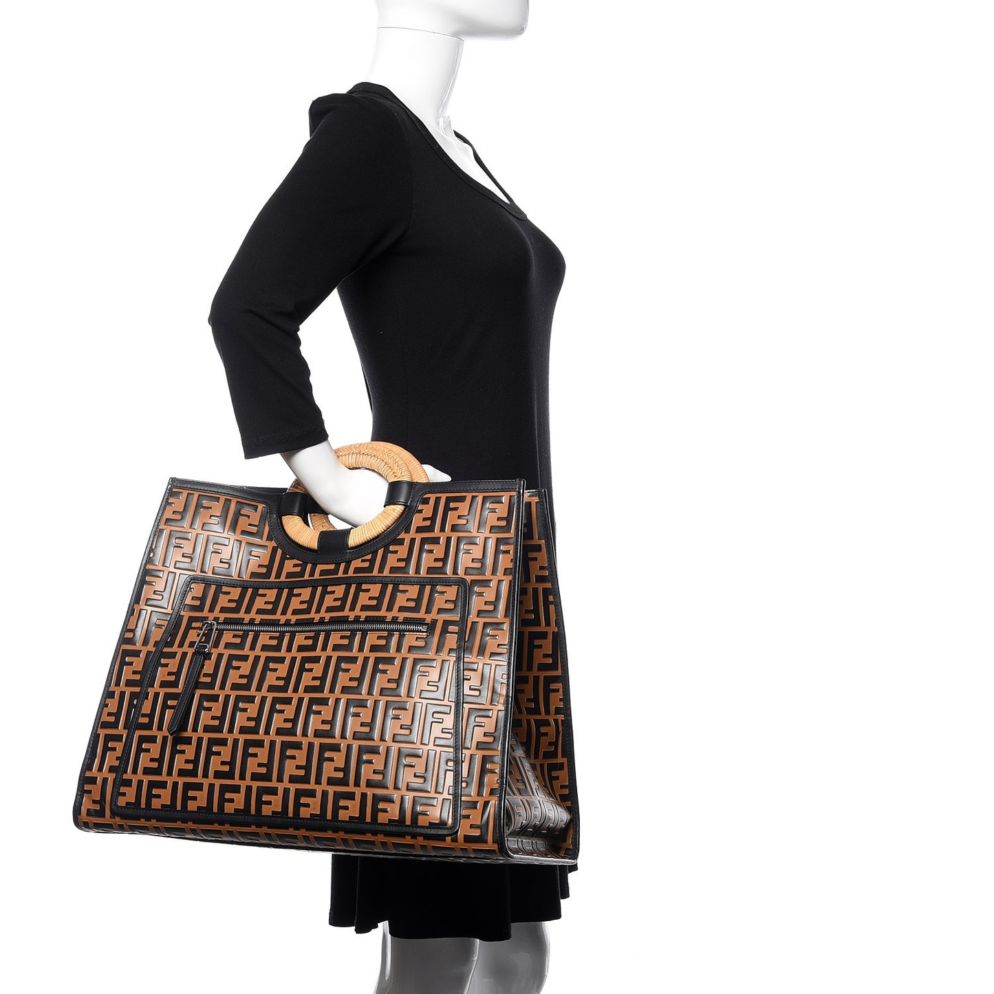 Vitello Century Wicker FF Embossed Large Runaway Shopper Tote Tobacco Black