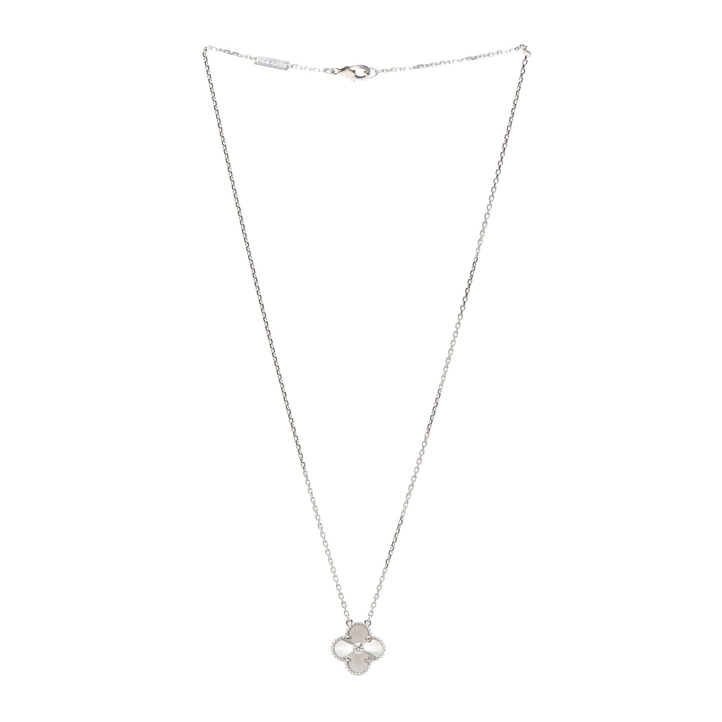 18K White Gold Diamond Guilloche Vintage Alhambra Pendant Necklace