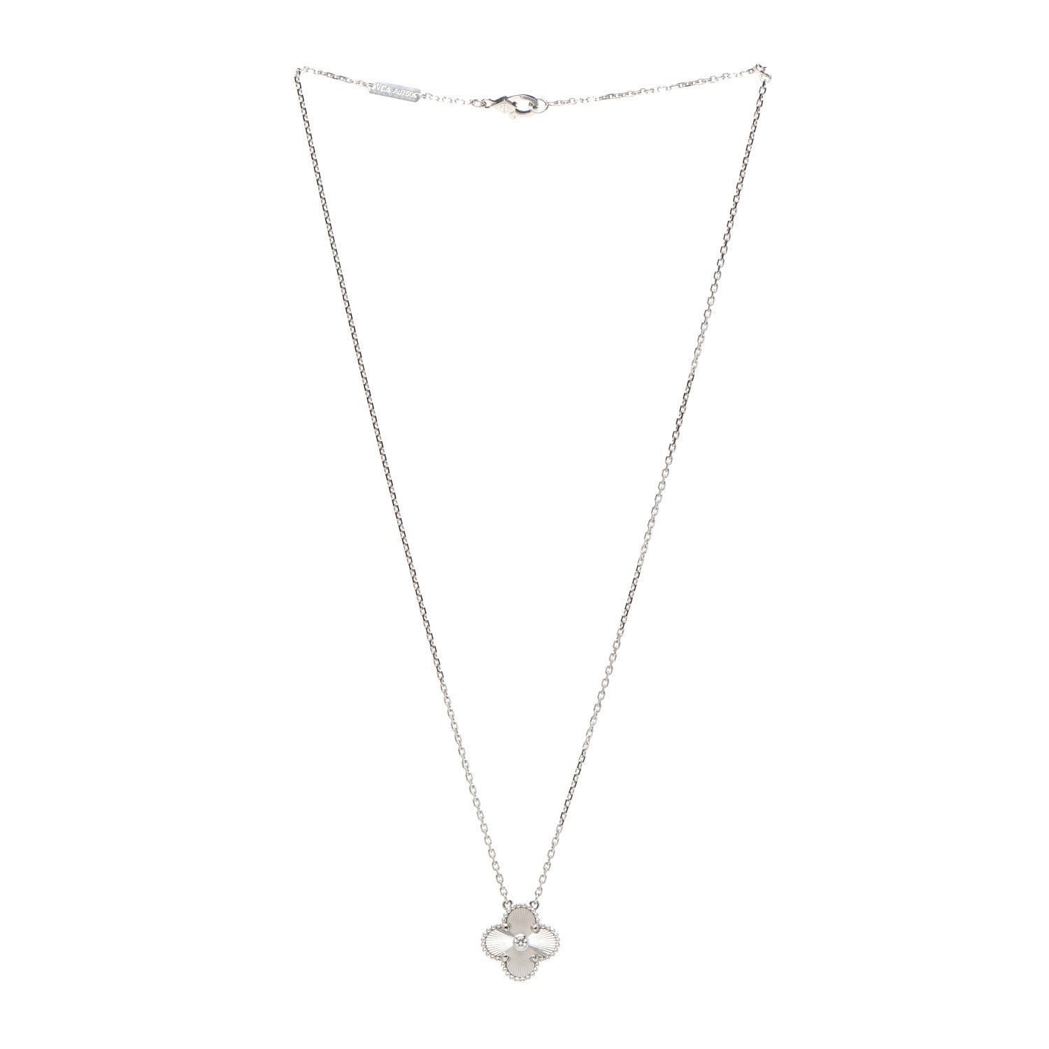 Van Cleef & Arpels 18K White Gold Diamond Guilloche Vintage Alhambra Pendant Necklace 3 of 8