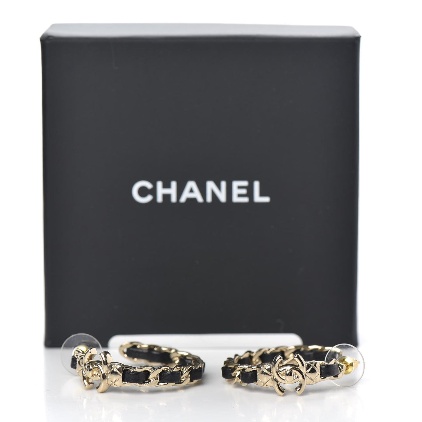 Lambskin CC Turnlock Chain Hoop Earrings Gold Black