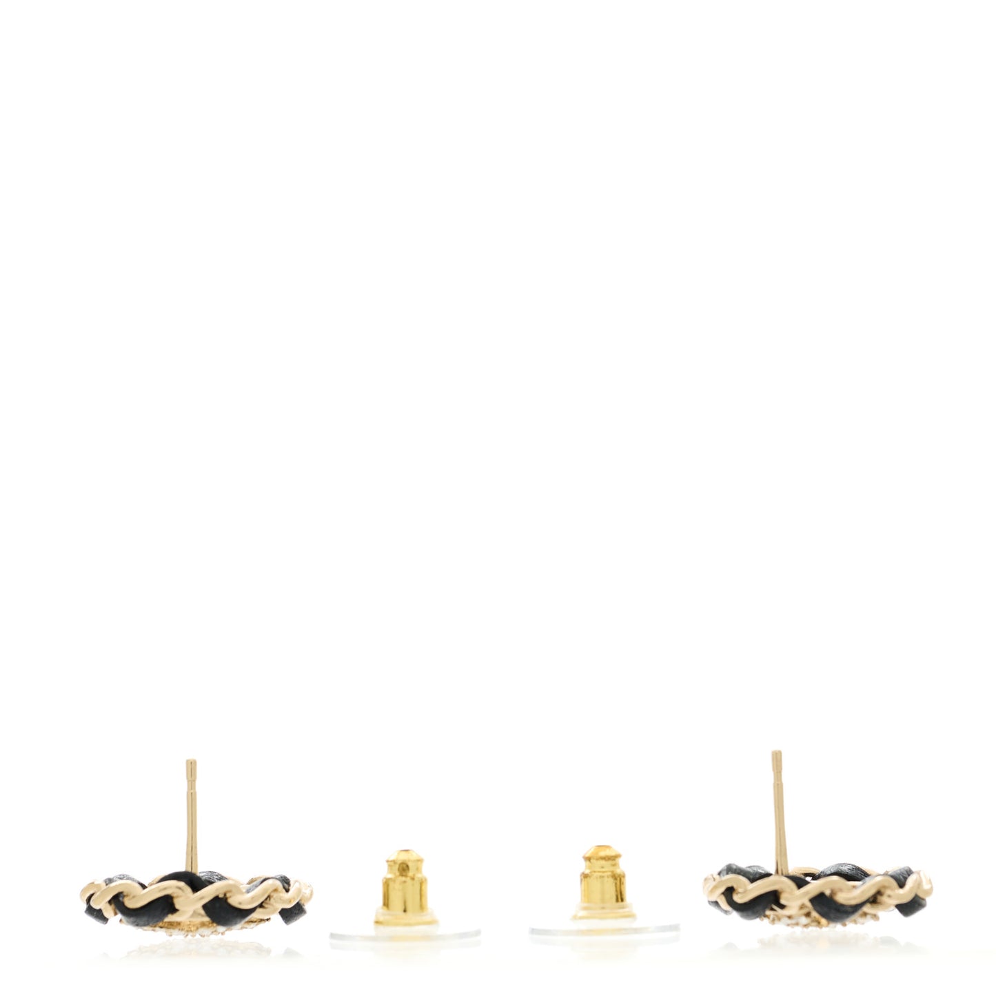 Crystal Lambskin Chain CC Stud Earrings Black Gold