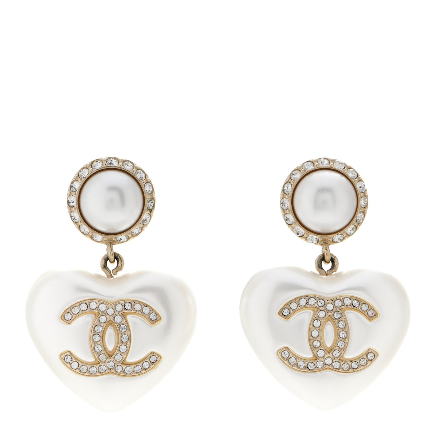 Pearl Crystal CC Heart Drop Earrings Gold