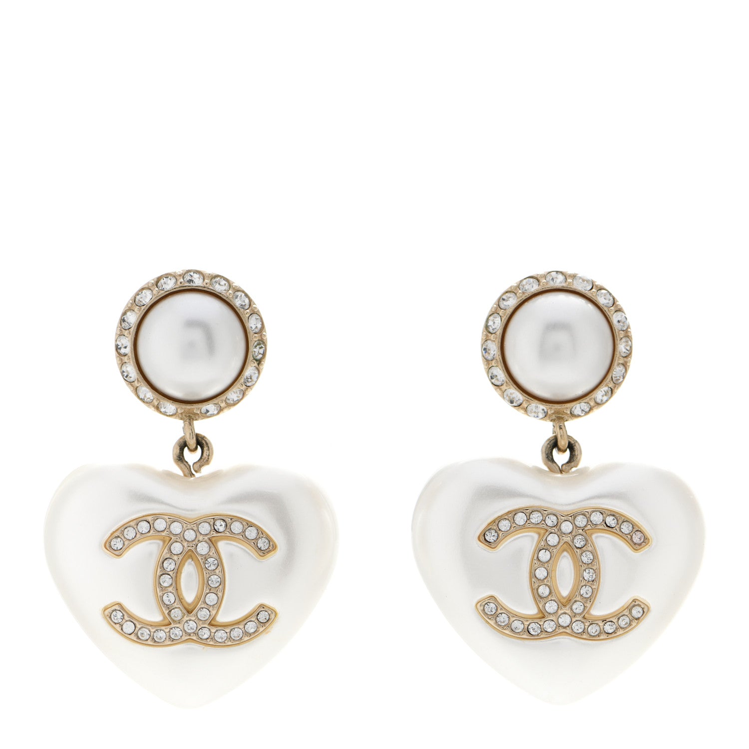 Chanel Pearl Crystal CC Heart Drop Earrings Gold 1 of 5