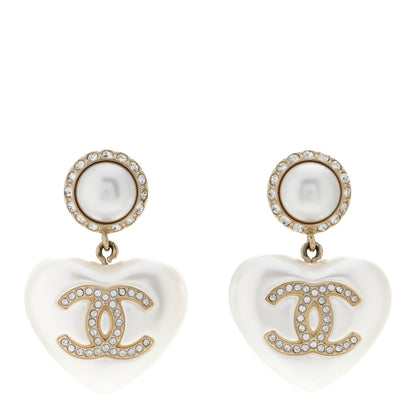 Chanel Pearl Crystal CC Heart Drop Earrings Gold 1 of 5