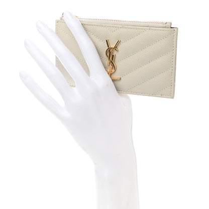 Saint Laurent Grain De Poudre Matelasse Chevron Monogram Fragments Zippered Card Case Crema Soft 2 of 7
