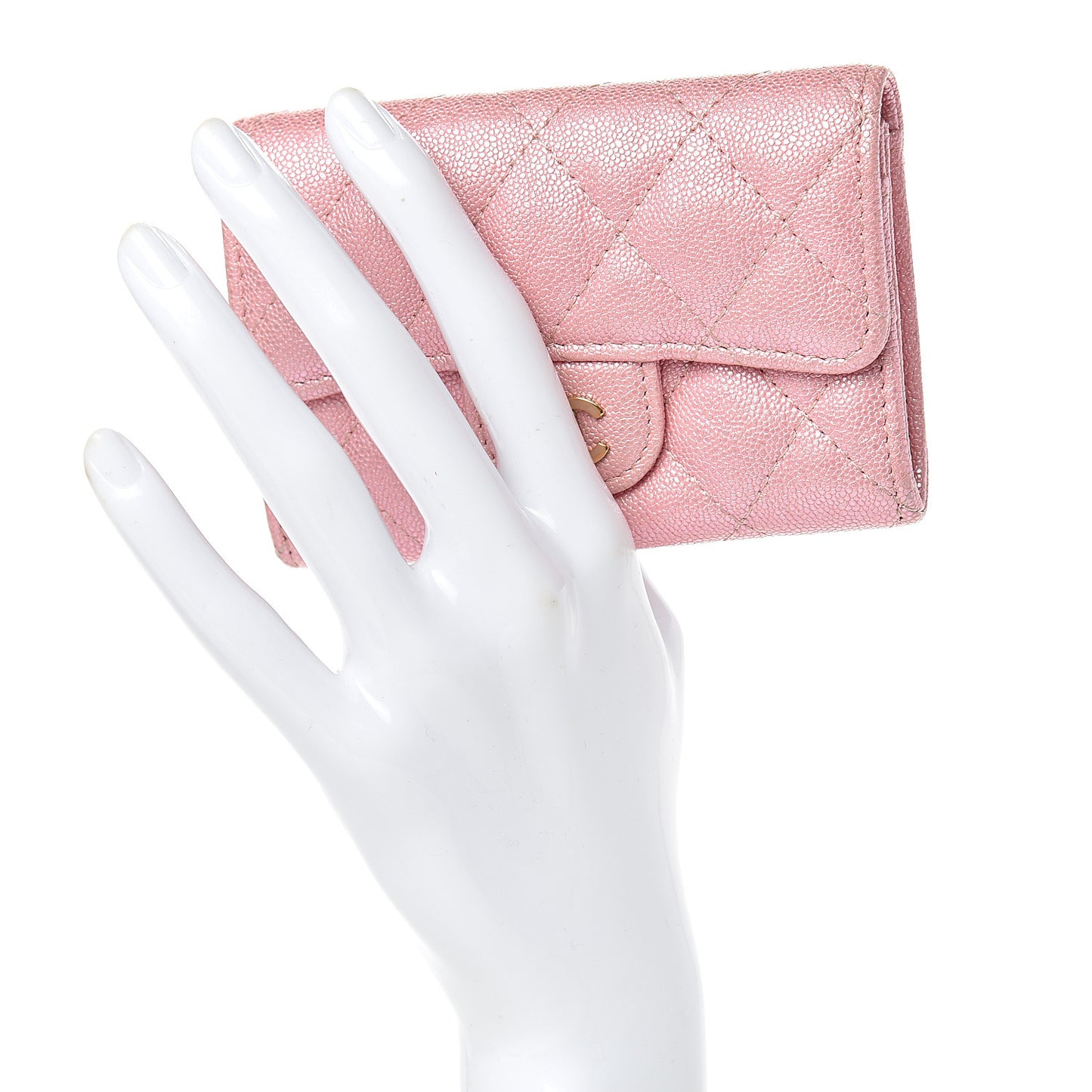 Iridescent Caviar Quilted Flap Card Holder Rose Pink