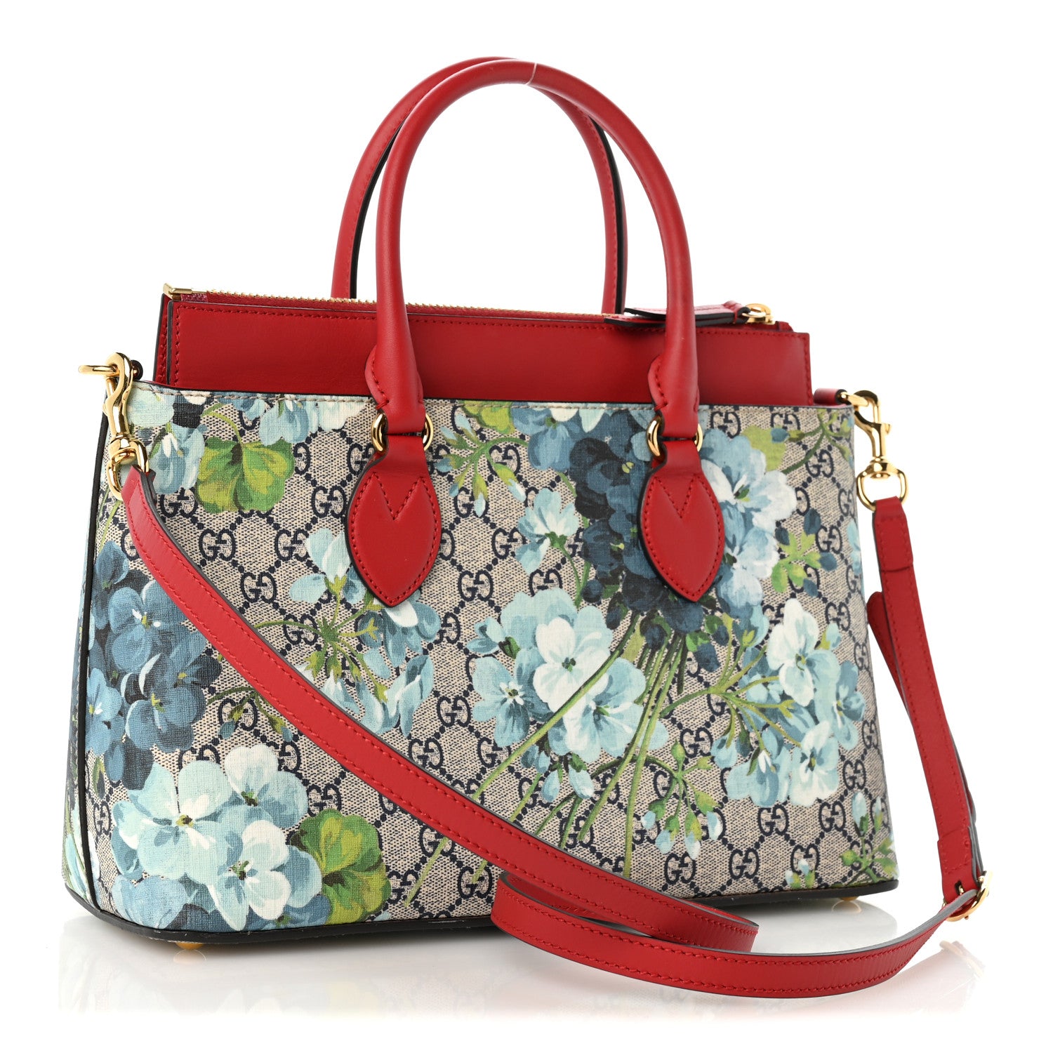 Gucci GG Supreme Monogram Blooms Small Zip Top Tote Beige Blue Navy Hibiscus Red 3 of 14