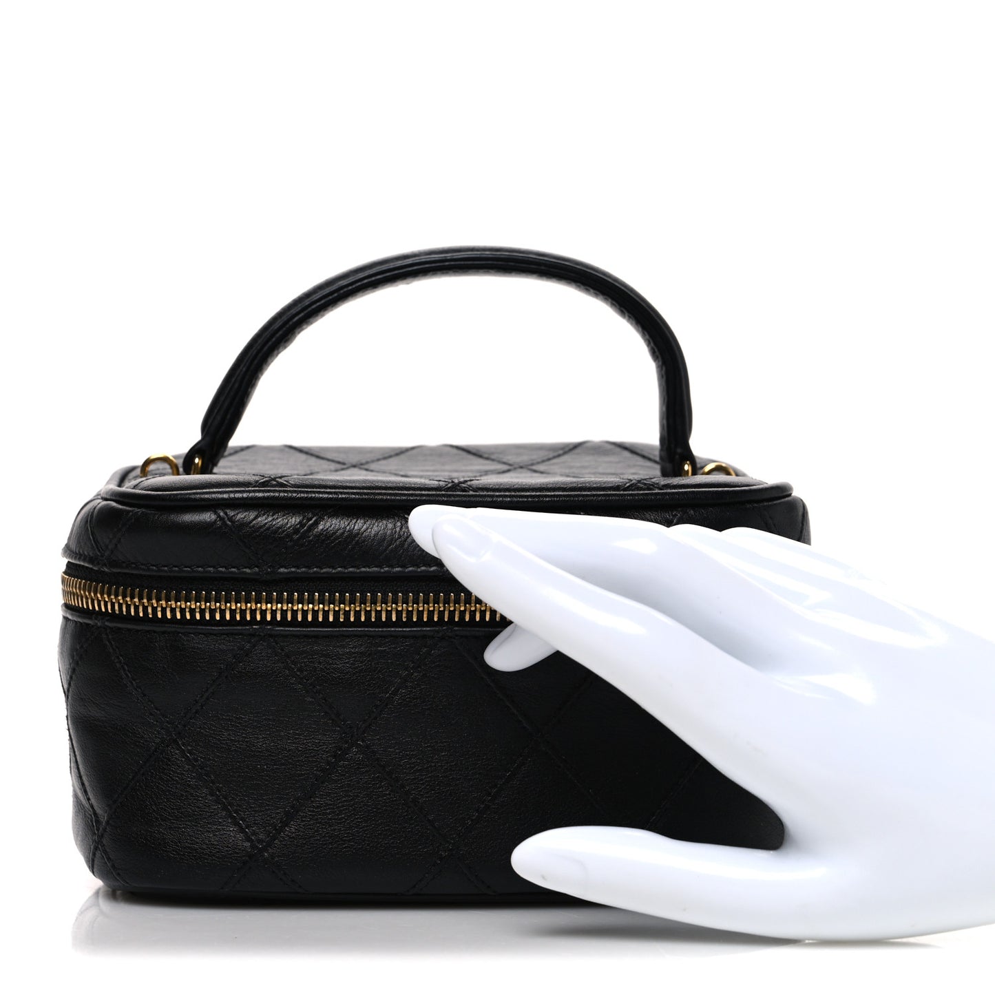 Lambskin Diamond Stitched Top Handle Vanity Case Black