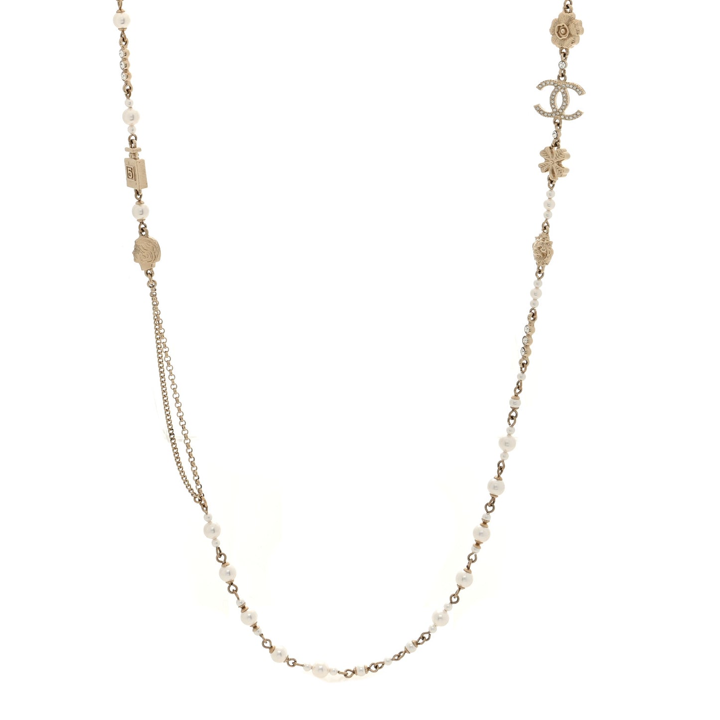 Pearl Crystal Graduated CC No.5 Perfume Bottle Flower Long Necklace Gold White