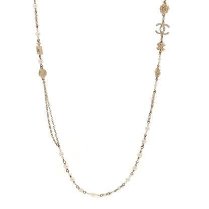Chanel Pearl Crystal Graduated CC No.5 Perfume Bottle Flower Long Necklace Gold White 1 of 5