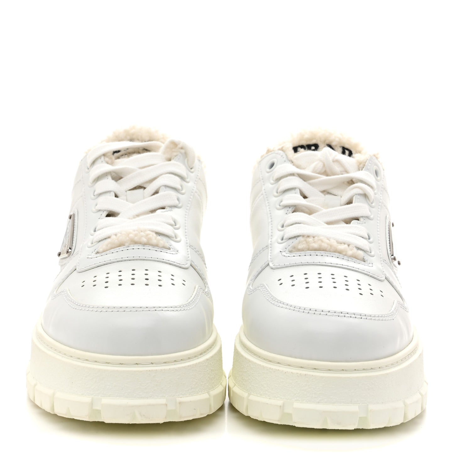 Calfskin Shearling Metal Triangle Logo Sneakers 35.5 White